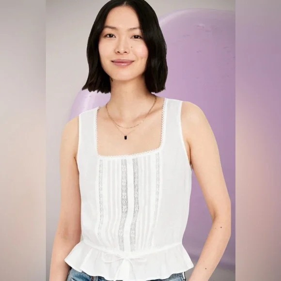 NWTS💓LINEN & LACE LADIES SIZE XL💓GAP OLDNAVY💓CRISP WHITE LACE BUTTON PEPLUM TOP - Picture 2 of 12